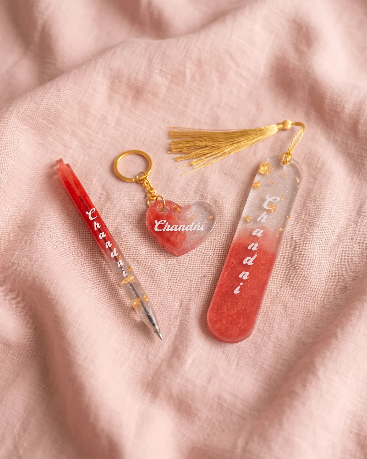 Personalised Resin Gift Set: Handmade Bookmark, Pen & Keyring