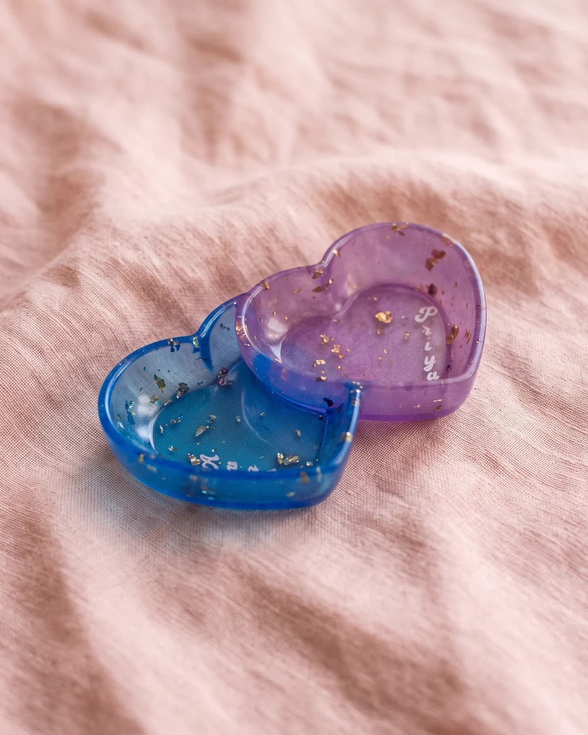 Personalised Resin Gift Set: His & Her Jewellery Bowl, Keyring & Mini Solid Heart