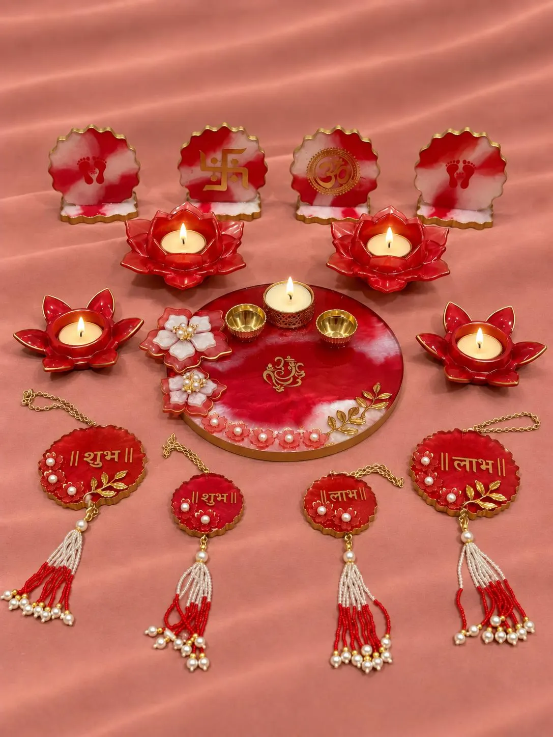 Handmade Resin Puja Collection – Puja Thali, Shubha Laabha, Lotus Candle Holders & Spiritual Décor
