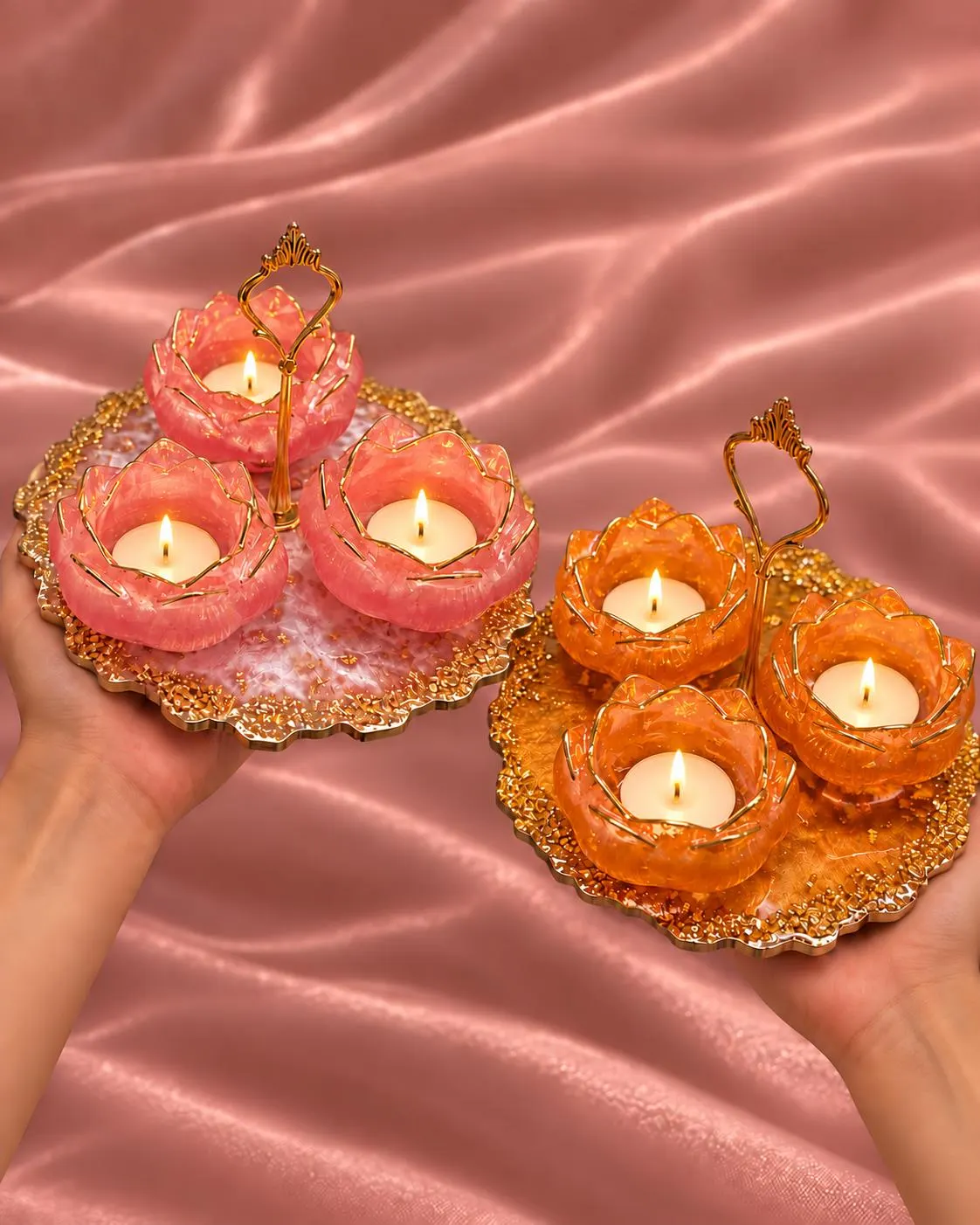 Handmade Resin 3 Lotus Candle Holder Set